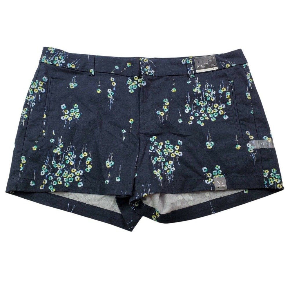 CC - A.N.A. Womens Twill Shorts 16 Black Yellow Floral Flowers Stretch NWT